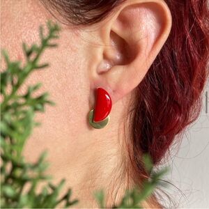 Italian Handmade red abstract half moon earrings enamel hypo-allergenic